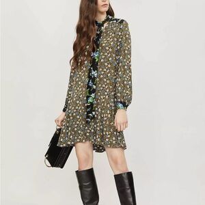 Sandro Floral Long Sleeve Tie Neck Green Dress Size 38 (US S)